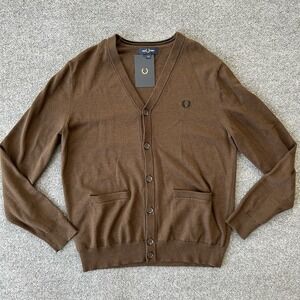Fred Perry Sweater Men XXL Wool Cardigan Jumper Tobacco Cabin Button Pocket New